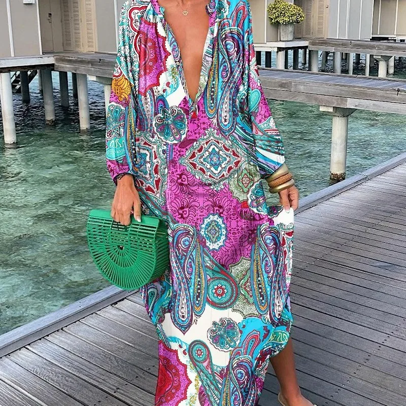 2023 Autumn Sweet Fresh Temperament Fashion Elegant Comfortable Print Pullover V-Neck Mid Waist Loose Fitting Dress For Women