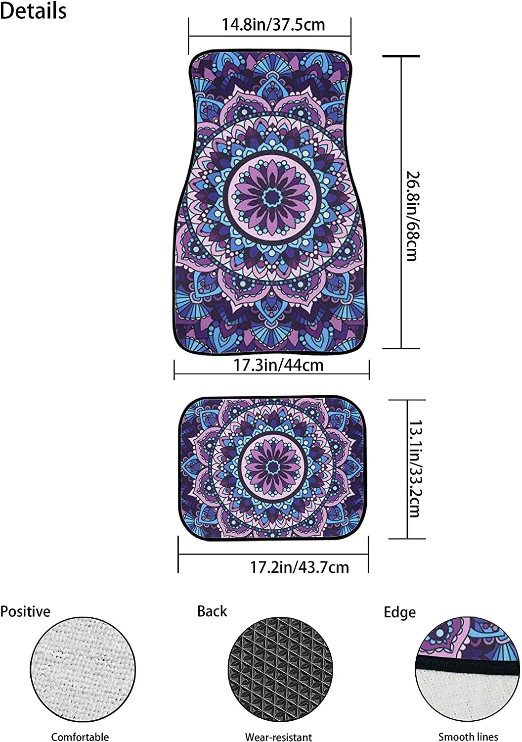 Tupalatus Universal Car Front Rear Floor Foot Mats Anti-Slip Mandala Lotus Car Mat Full Set of 4 Pieces Carpet Heavy Duty All We