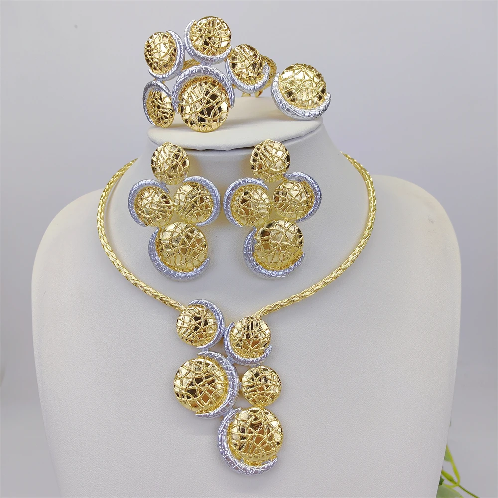 ESALE Women Necklace Earrings Ring Bracelet Jewelry Set Bud Pendant Gold Plated Luxury Nigeria Dubai Gold Jewelry Set Women