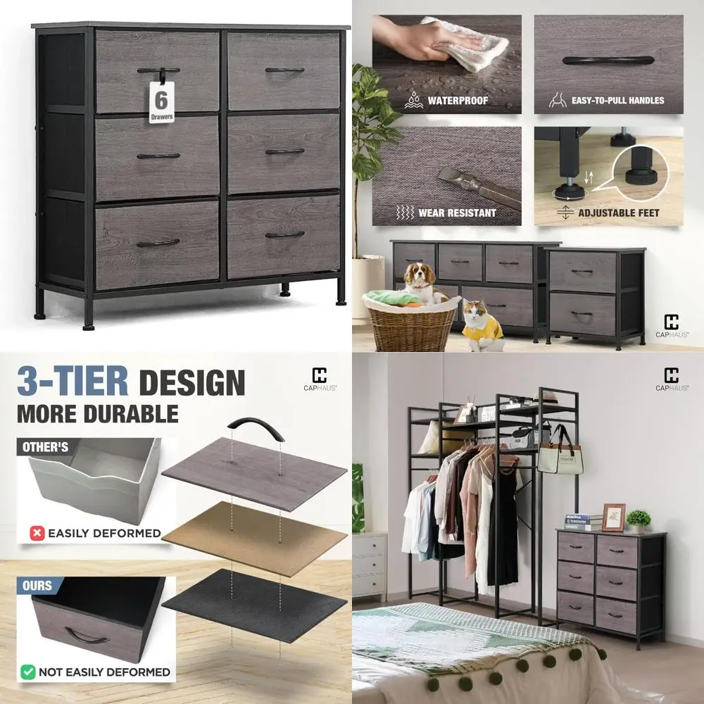 

6-Bin Fabric Drawer Storage Tower for Laundry Sorting and Organization with P2 Board Top