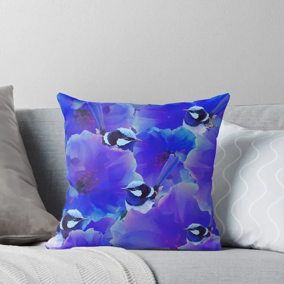 Bluetiful - Spot the Wren - Blossom Floral & Blue Wren Behind Black Throw Pillow Pillowcase Cushion Decorative Cushion pillow