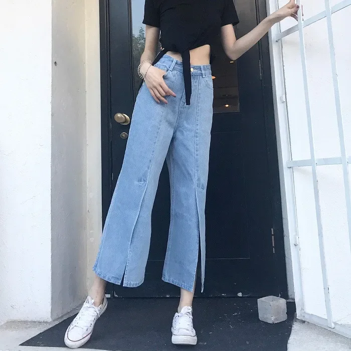 

Women Fashion Baggy Split Denim Cropped Trousers Women High Waist Jeans Woman Hot Sale Slouchy Streetwear Blue Denim Pants