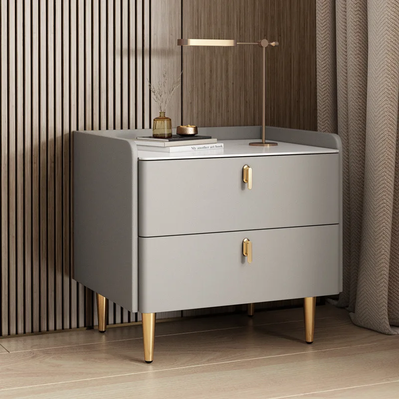 

Modern Style Solid Wood Nightstand with Sintered Stone Top, 50cm Leather Bedside Table with 2 Drawers