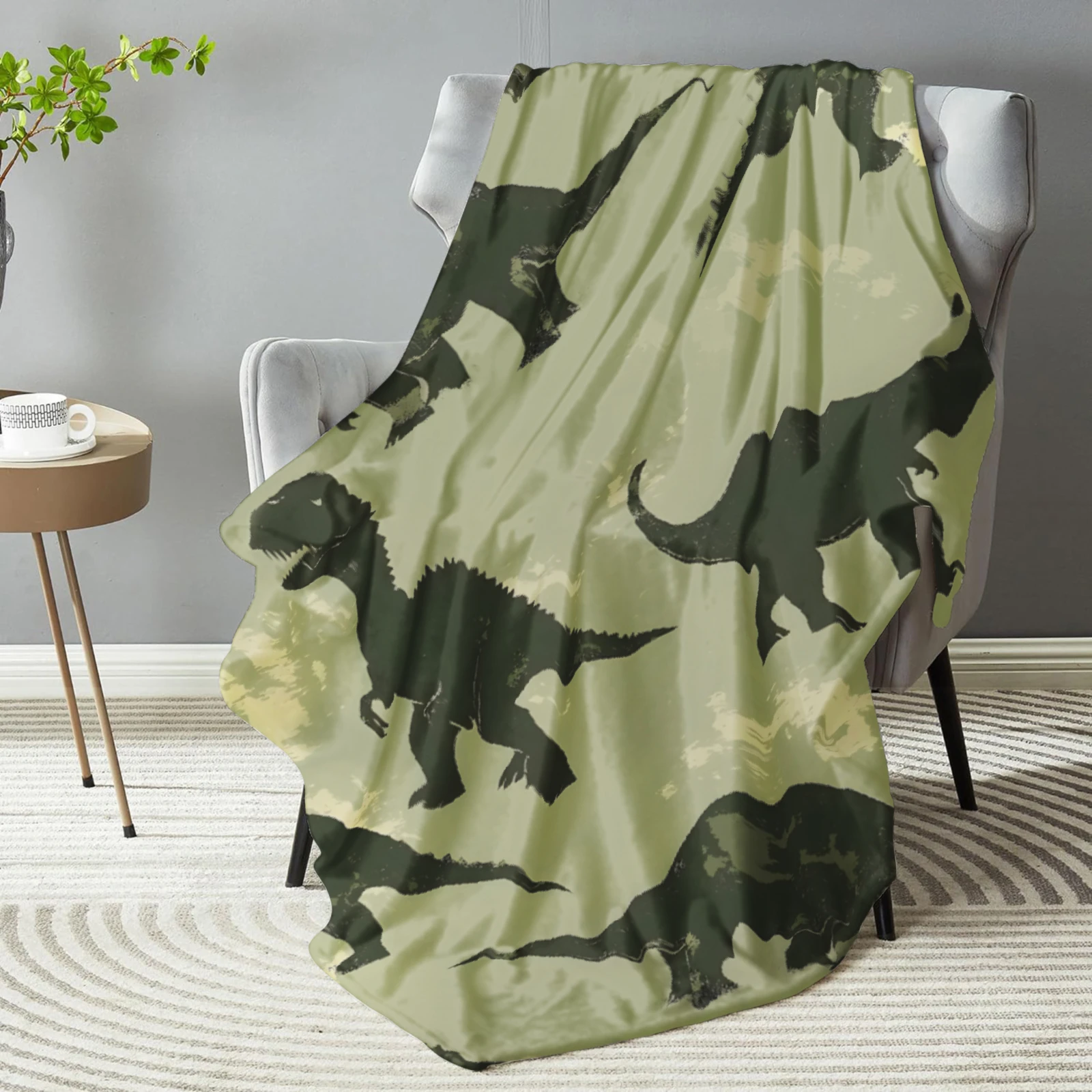 1pc Green Blanket Jurassic Dinosaurs Print Comfortable Flannel Blanket for Home Living Room Bedroom Decor Birthday Gift for Boys