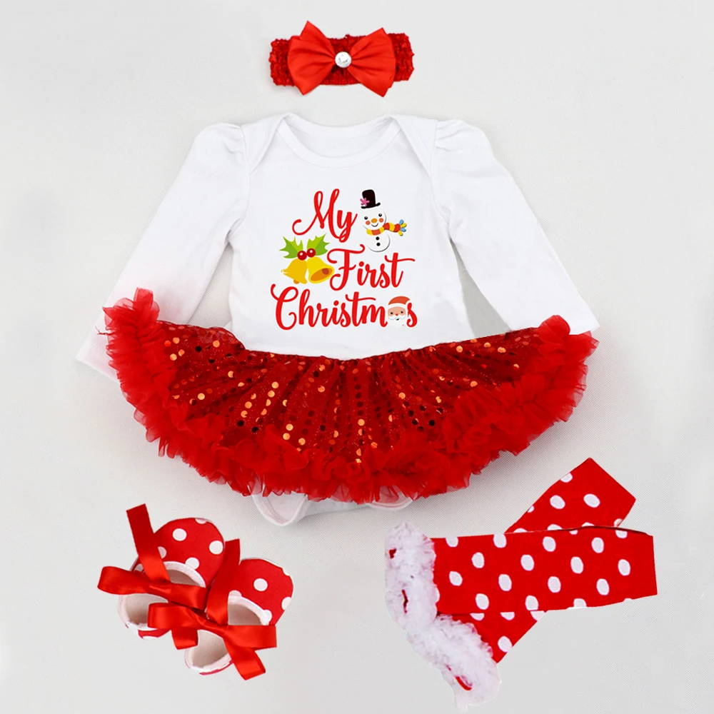 

Baby Girl Clothes TUTU Christmas Costume Romper Dress Princess Girls Clothing Sets Snowman Print Infant Baptism Bodysuit Outfits