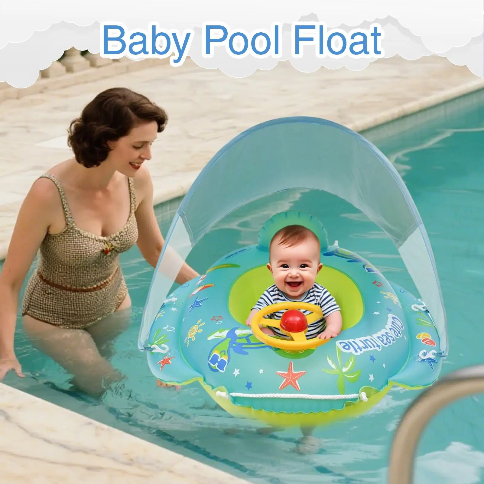 Baby Float With Canopy Baby Swim Float With Canopy Inflatable PVC Swim Ring 1-4 Years Old Cartoon Steering Wheel Toy For Sun
