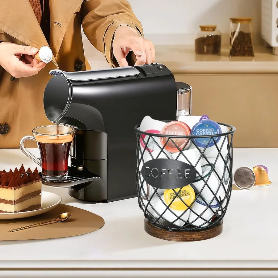 منظم حامل أكواب K بتصميم قوي لتخزين كبسولات القهوة الفعالة وسلة شبكية دائرية ذات سعة كبيرة مثالية للمطبخ