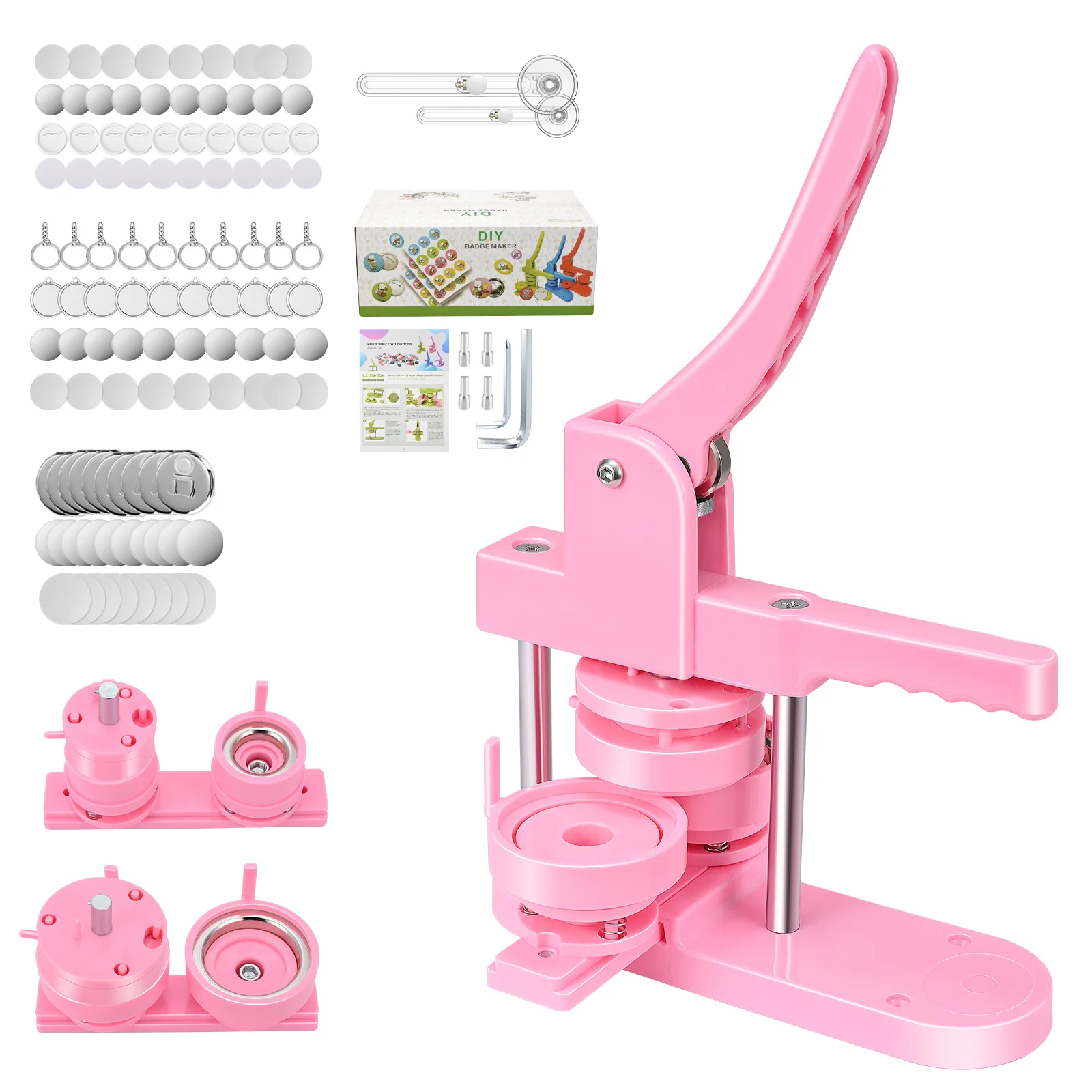 Pink Button Badge Maker Machine 32/58mm Mold Button Pin Press Machine With 300sets Supplies + 2 Round Cutter For Children's Gift