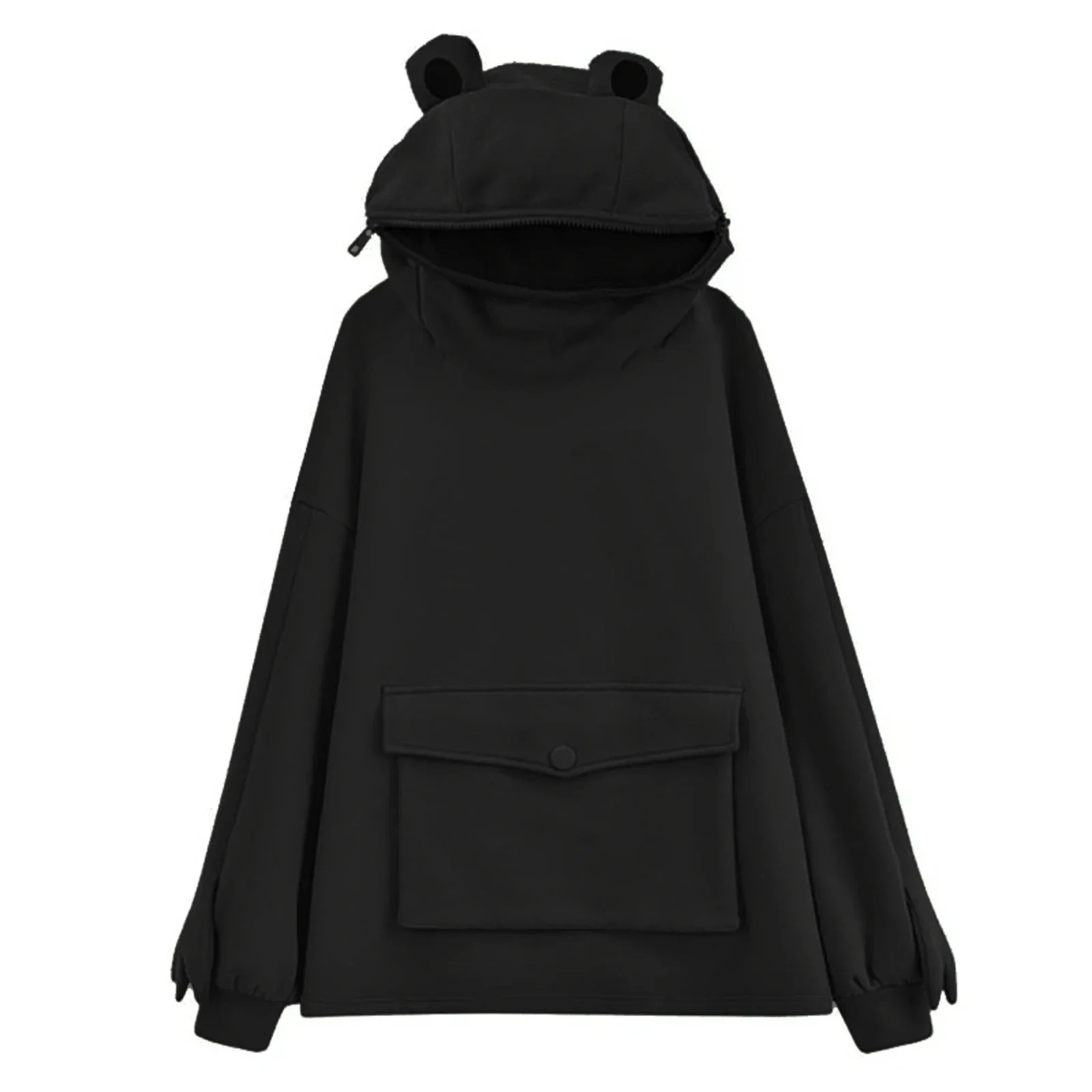 Women Novelty Frog Hoodie Long Sleeve Sweatshirt Solid Color Hooded  Coat with  Lazy Style Flap Pocket