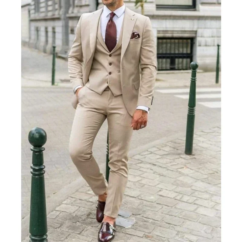 

Casual Beige Slim Fit Business Men Suits Wedding Tuxedos Best Man Groom Formal Prom Male Clothing 3 Pieces (Blazer+Vest+Pants)