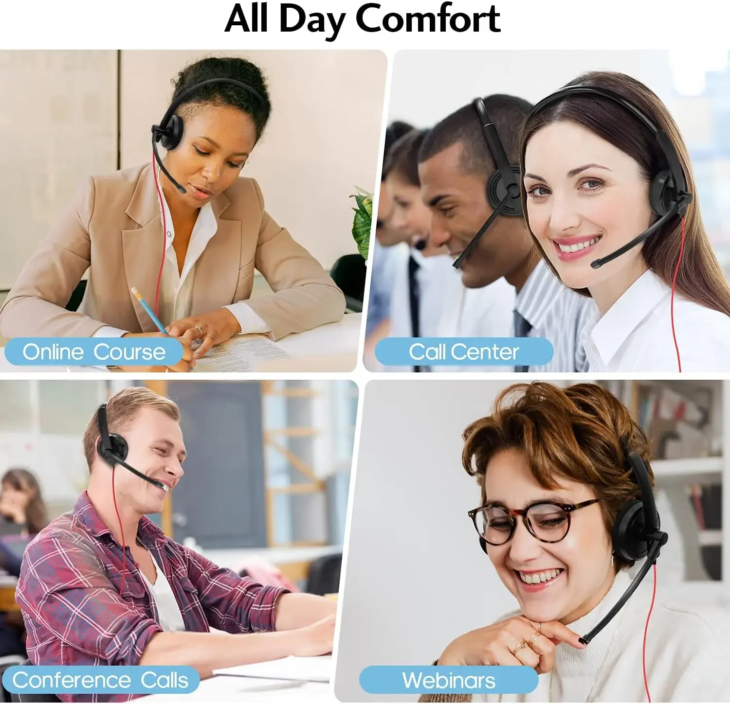 HROEENOI Premium USB Call Center Kabelgebundenes Headset mit Mikrofon mit Geräuschunterdrückung, ideal für PC, Laptop, Zoomanrufe, Skype-Meetings – Detail 3