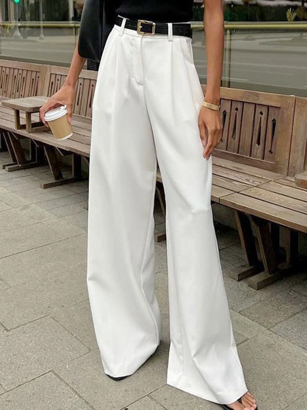 Pantalones anchos de cintura alta blancos para mujer, estilo minimalista, plisados, para primavera y otoño, ideales para la oficina, el trabajo, o un look casual y urbano.