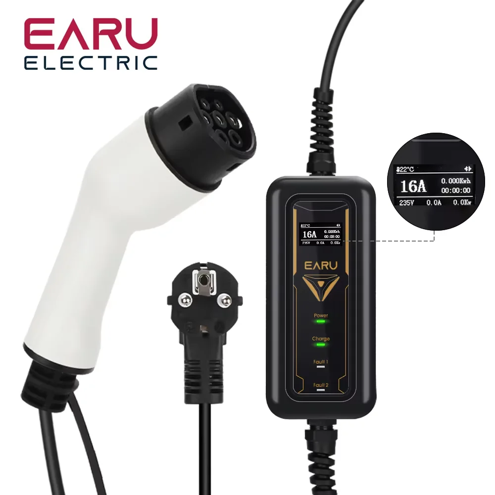 Adjustable 16A EV Charger Screen EU US UK Plug Portable Type2 IEC62196-2 EVSE Charging Cable Type1 SAE J1772 Controller Wallbox