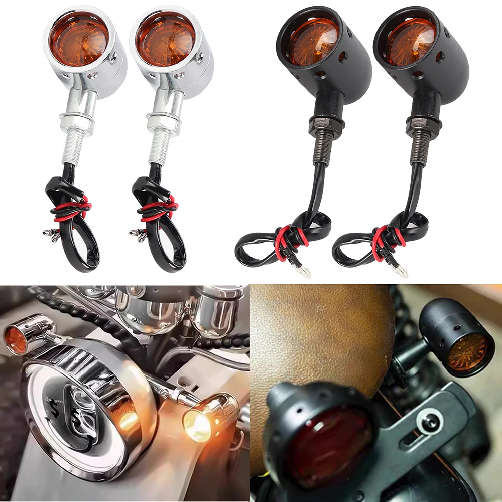 1 Pair Retro Bullet Motorcycle Turn Signals Indicator Blinkers Amber Light 10mm for Kawasaki Yamaha Honda Custom Bobber