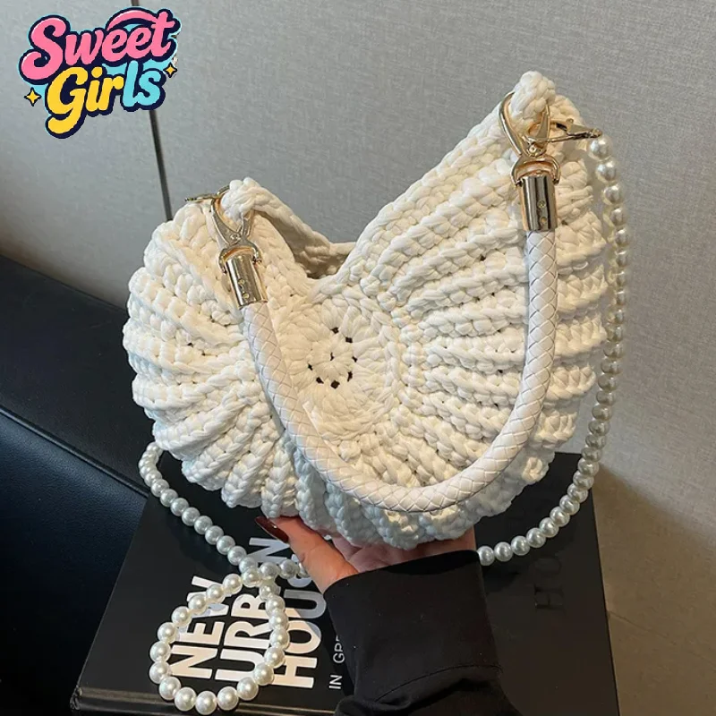 Elegant Seashell Shape Knitted Woven Bag Ladies Crochet Straw Shoulder Purse With Pearl Decor Chain Strap Holiday Daily Handbag