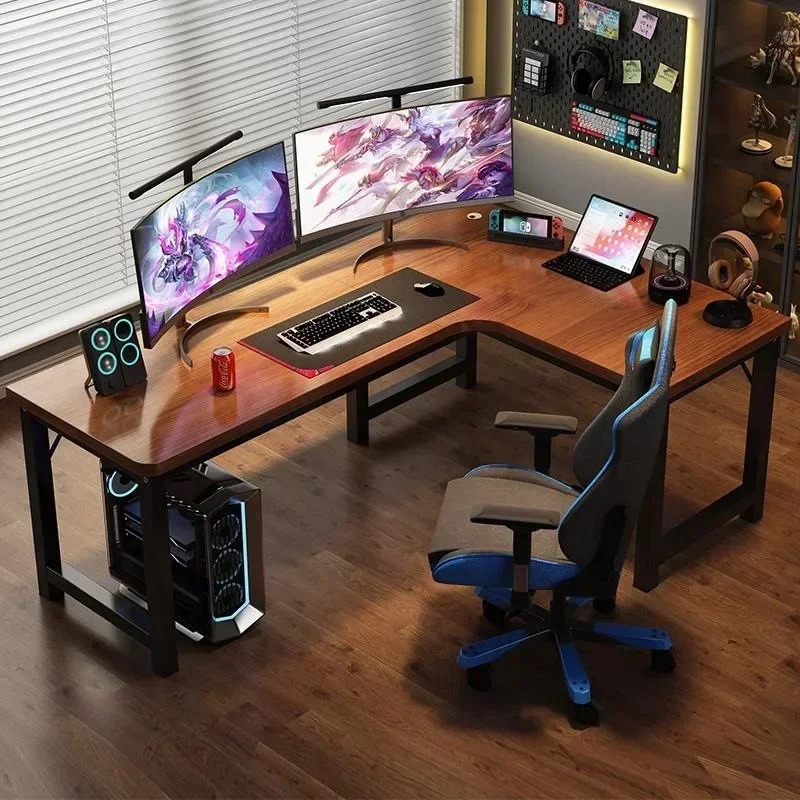 

Modern L-Shape Computer Desks Home Double Gaming Desk for Office Designer Office Computer Desk with Wooden Bookshelf Furniture