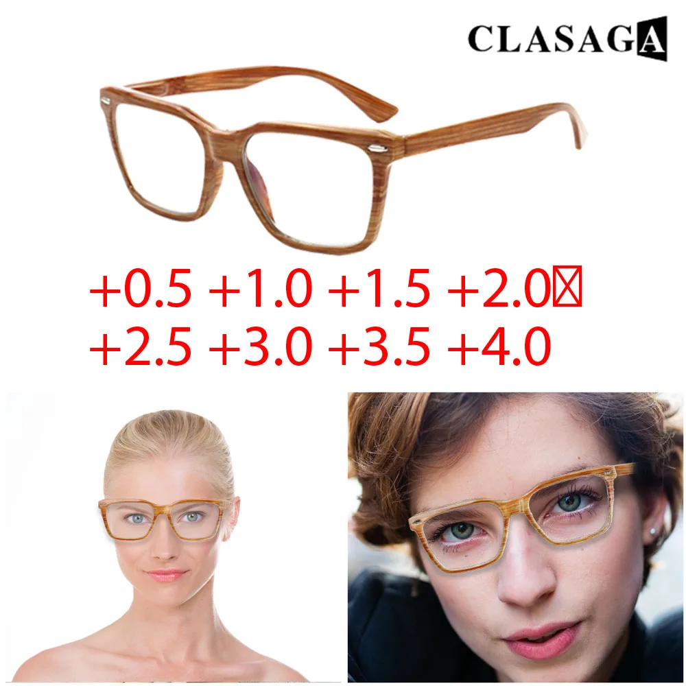 

Men's and Women's Wood Grain Rectangular Plastic Frame Metal Hinged HD Reading Glasses Decorative Prescription Eyewear+2.0+3.0