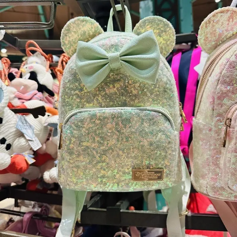 

Милый мини-рюкзак Disney Minnie Mouse с блестками, пастельно-зеленый, с 3D-ушиками и бантом, для девочек, для повседневного использования, школы и путешествий