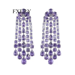 FXLRY Fashion Superflash Zircon Inlaid Long Drop-shaped Tassel Earrings For Bridal Party Dress Accessories