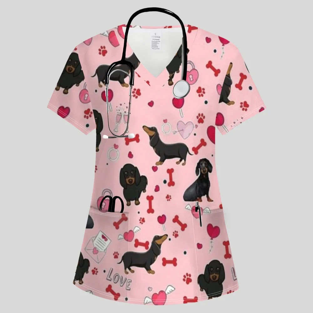 Women's Hospital Uniforms Cute Dog Pattern Healthcare Uniform Summer Fashion Short Sleeves with Pockets Dental Uniforms Women
