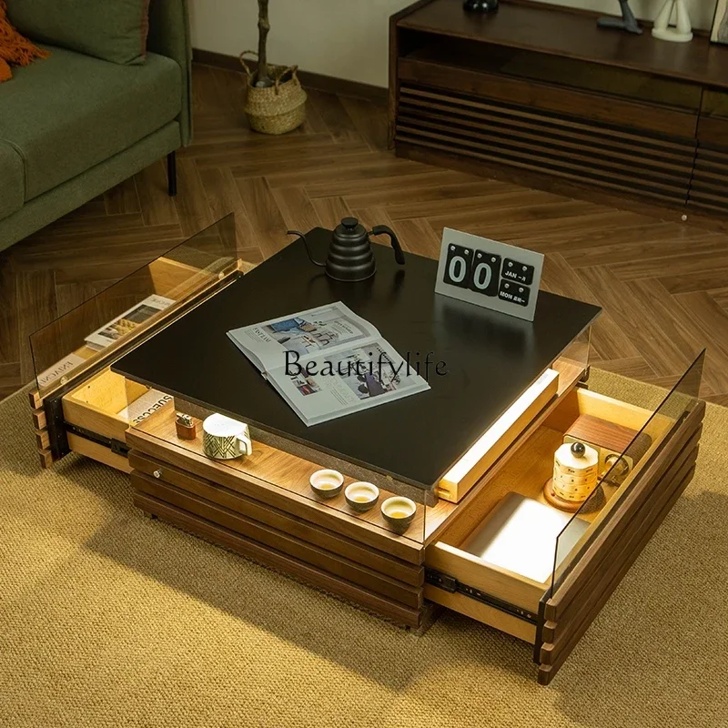 

yj5 Nordic Stone Plate Coffee Table Solid Wood Luminous Atmosphere Black Walnut Modern Square Minimalist Tea Table