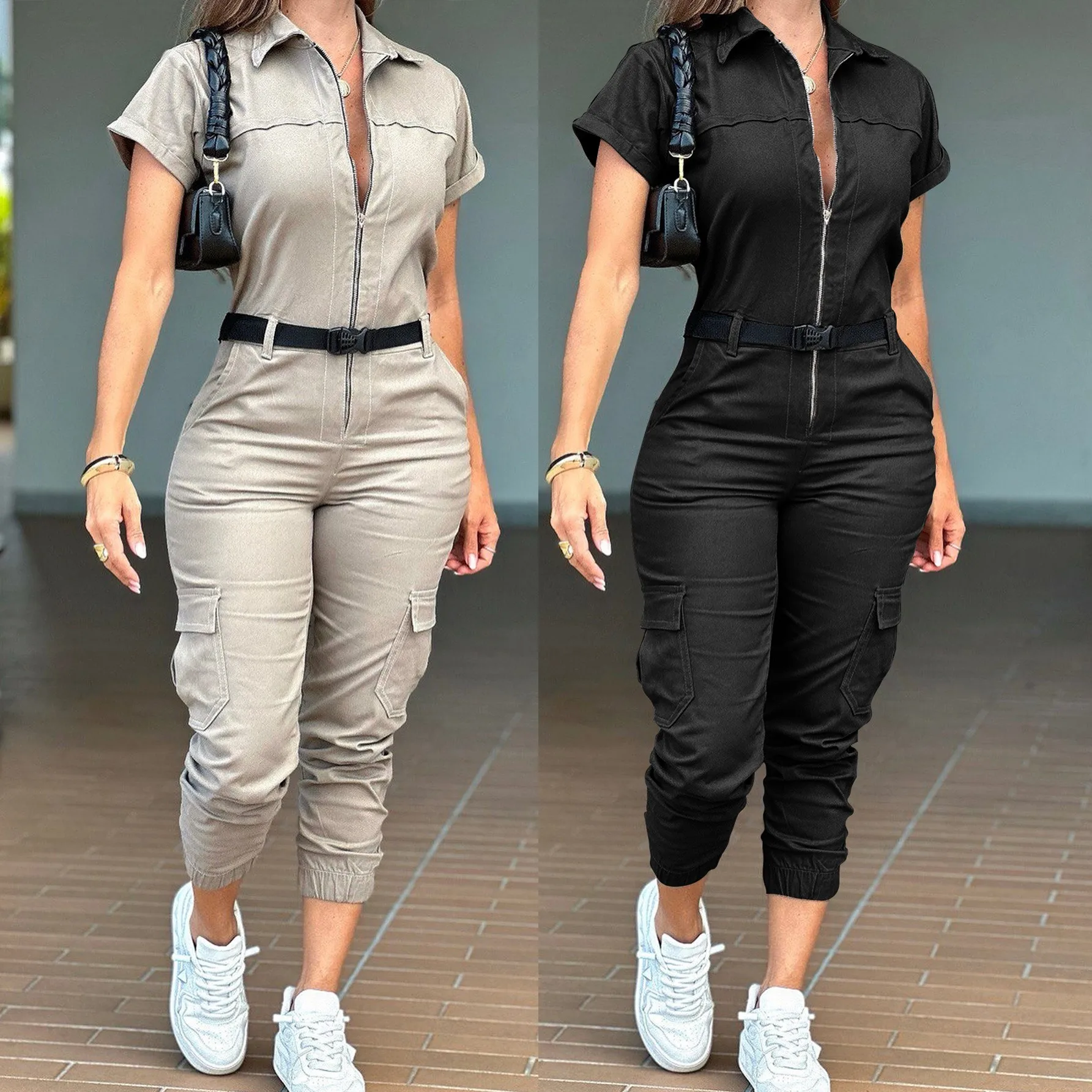 Women's Jumpsuit Short Sleeve Notched Collar Romper Black Belted Waist Cargo Pockets Overalls Khaki Slim Fit Utility Style