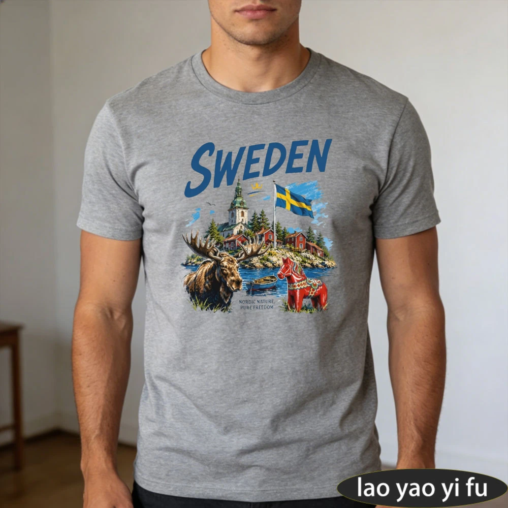 Sweden Flag Moose Dala Horse Graphic Grey Tee Nordic Nature Men Top Travel Souvenir Shirt Scandinavian Style T-Shirt