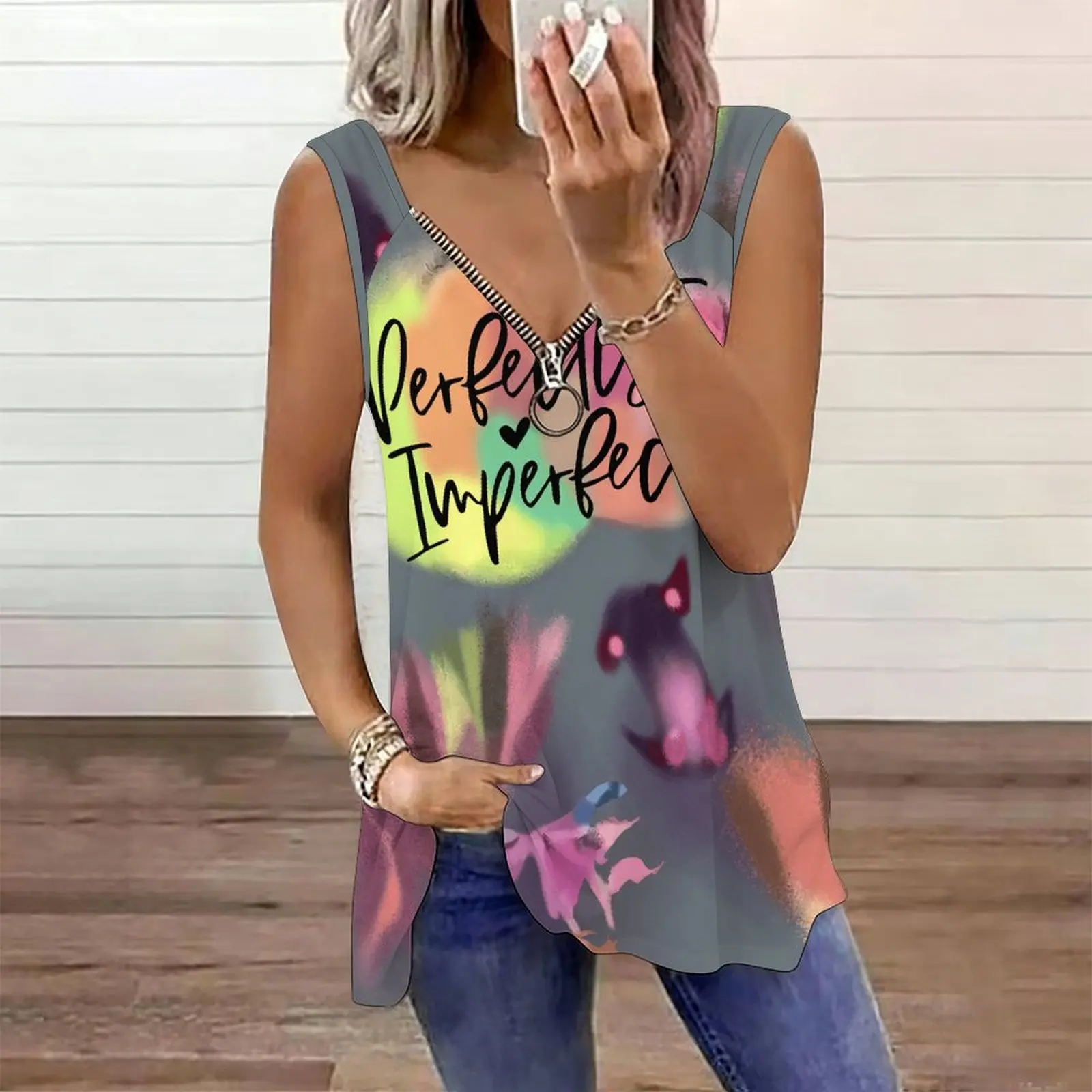 Women Print Tank Top Zip V Neck Sleeveless Tunic Shirt Irregular Hem Casual Summer Vest