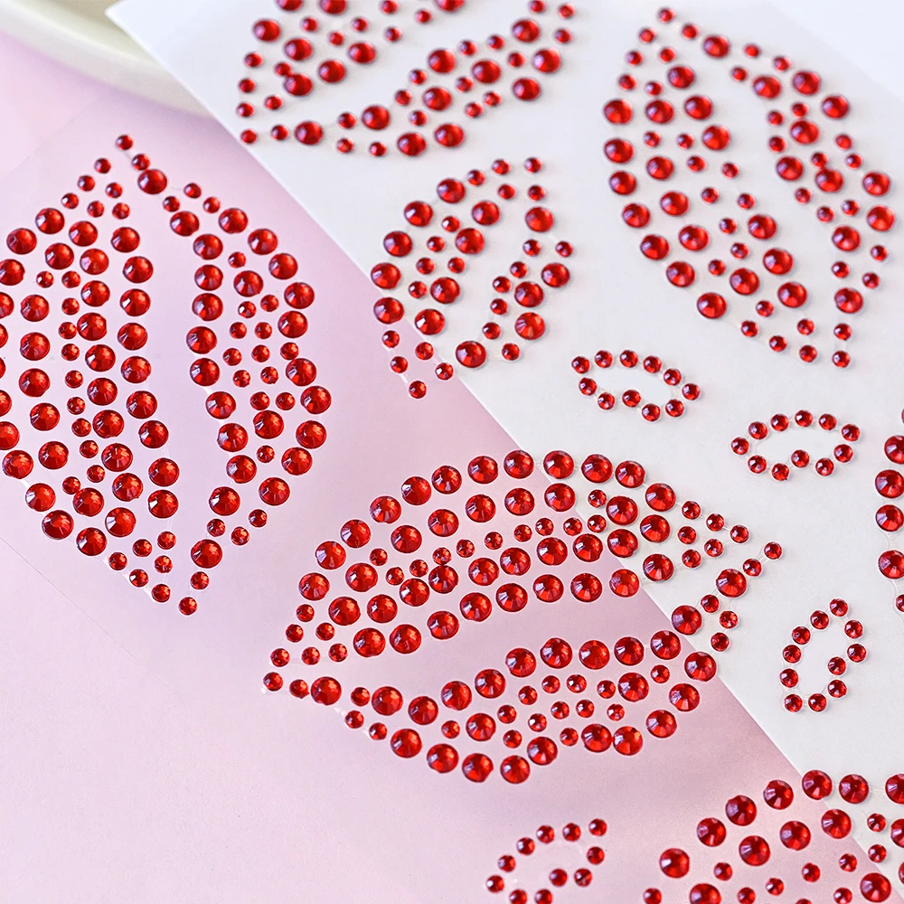 1/2/5 قطعة ثلاثية الأبعاد أحمر الشفاه الراين الوجه لصاقات وشم مثير قبلة الماس لاصق ملصق الزفاف يؤرخ النساء الوشم المؤقت