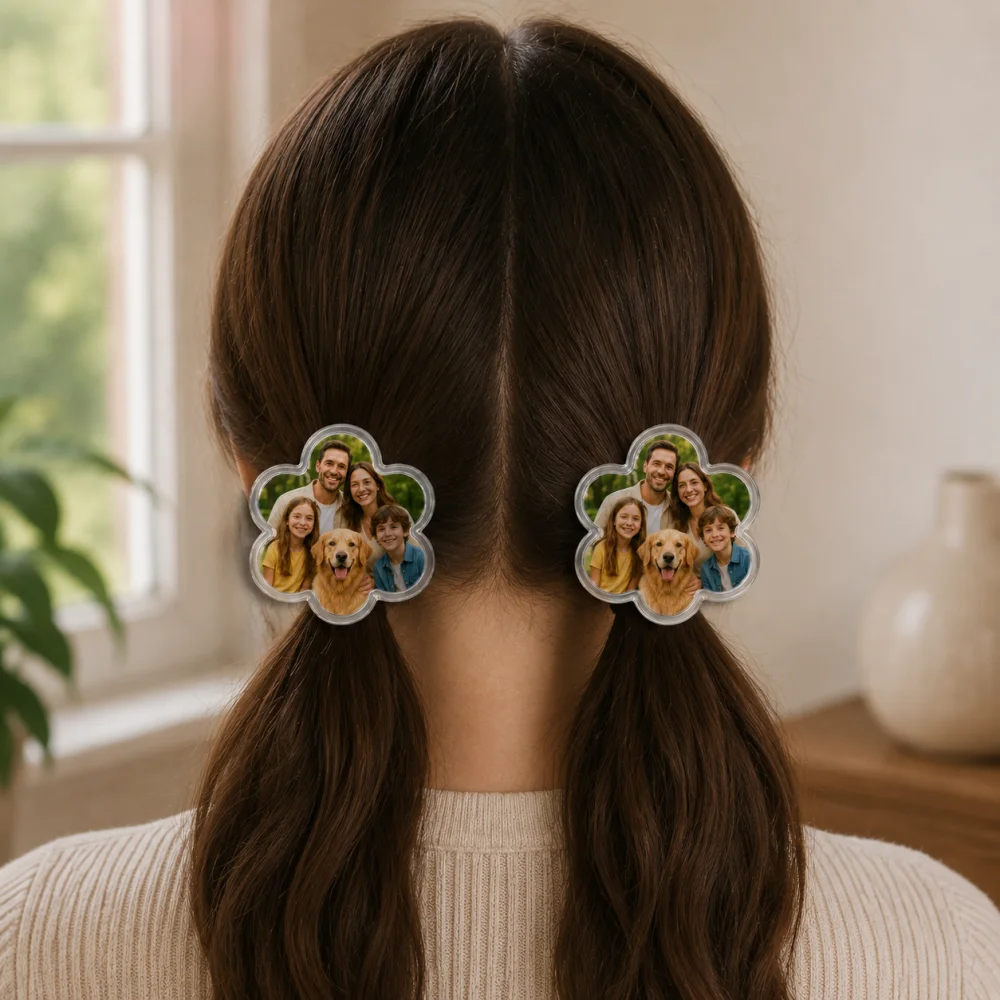 Custom Photo Acrylic Hair Clips Set,2 Identical Flower‑Shaped Barrettes,Personalized Image Hair Accessories Gift for Girls