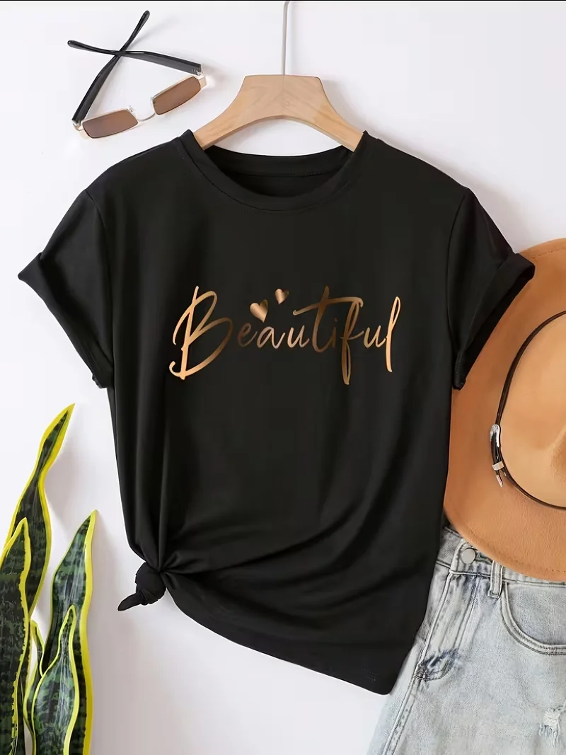 

Women'S Casual Crew Neck T-Shirt with Heart & Letter Print - "Beautiful" Design, Short Sleeve, Loose Fit, Black, Ladies T Shirts