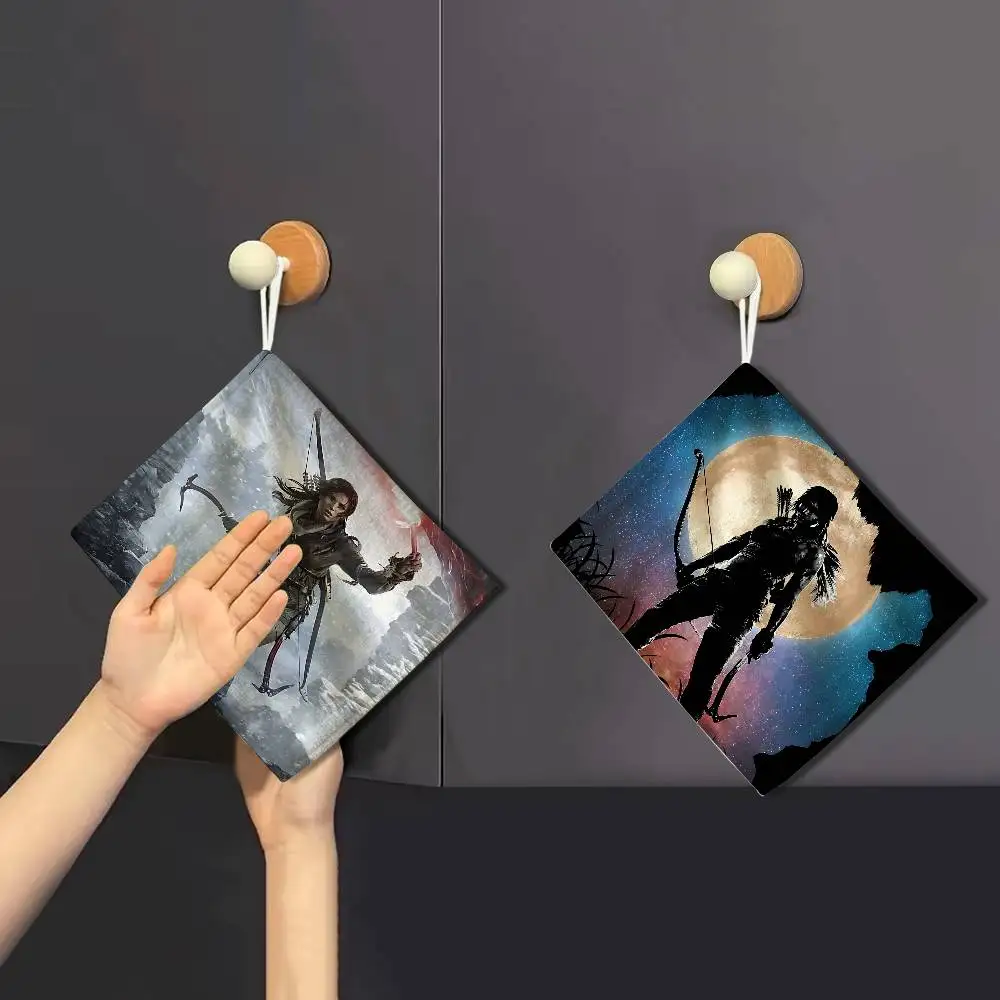 Action Game T-Tomb R-Raider Hanging Kitchen Towel, Polyester Cotton Fabric, Absorbent Hand Wiping Towel for Home Dormitory