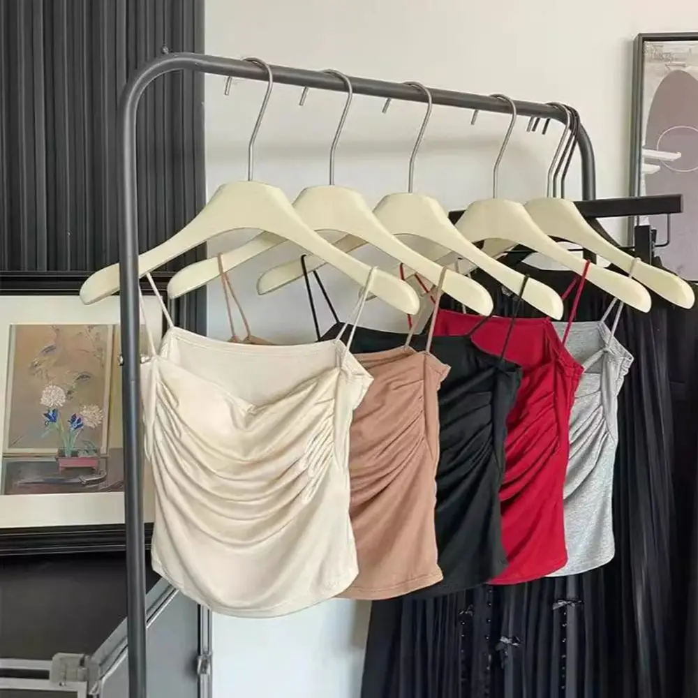 

Solid Color Seamless Camisole Vest Pleats Design Slim Fit Bra with Pads Camisole Korean Style Thin Shoulder Straps