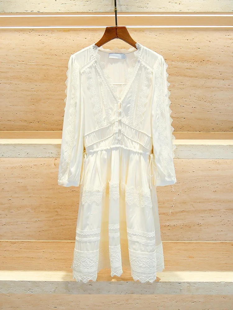 

High Waist V-Ne Lace Trim Lantern Sve Dr French Sle A-Line Dr for Women in Their 8-39 Years Old