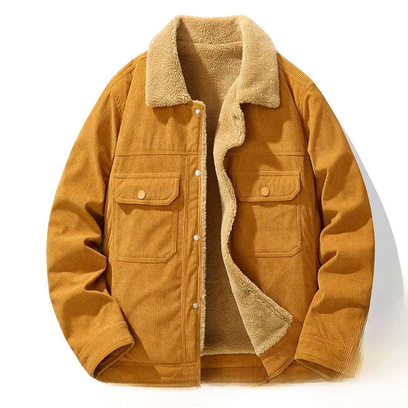 

Модная мужская вельветовая куртка на флисовой подкладке, осенне-зимняя рабочая одежда, с длинными рукавами, приталенная, с воротником, стандартной длины, утепленное пальто