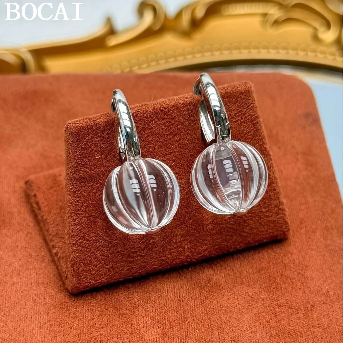 

BOCAI S925 Silver Charms Clips-on Earrings for Women Fashionable Minimalist White Crystal Peach Ear Clips Jewelry Wholesale