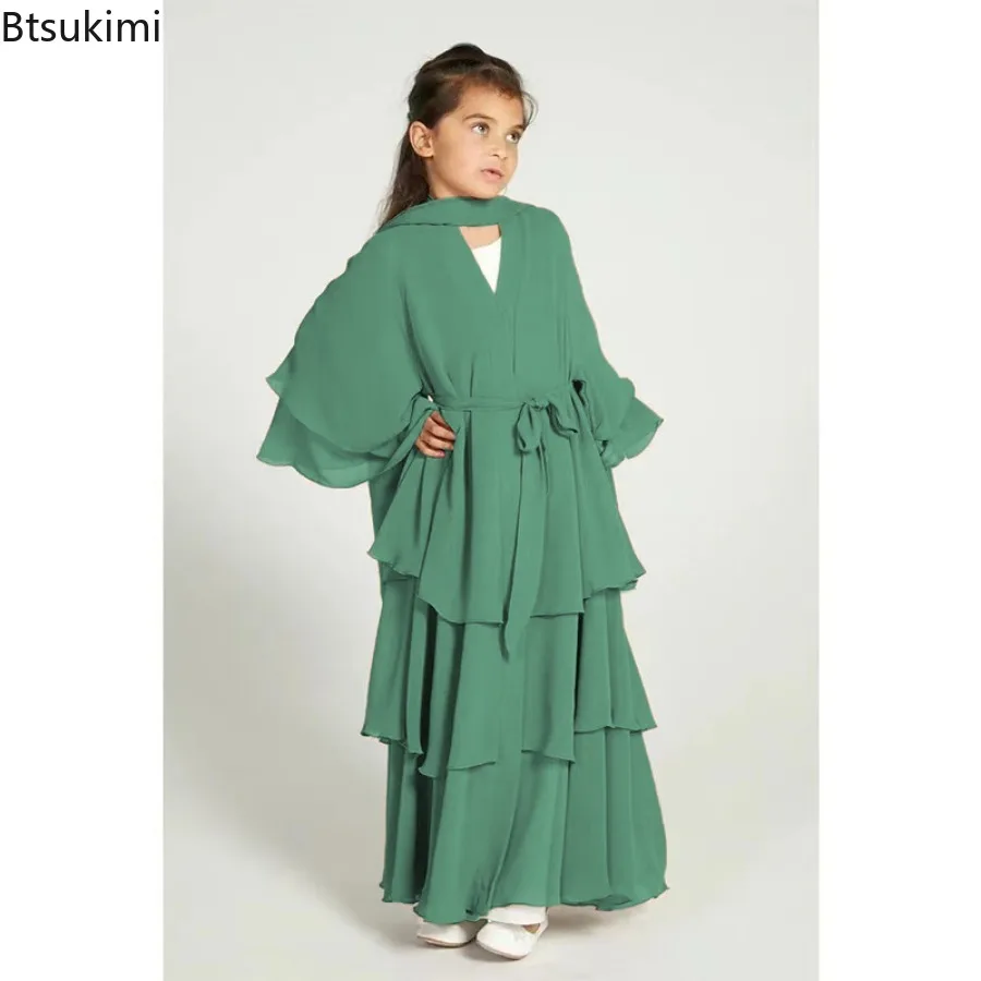 2024 Eid Muslim Kids Abaya Girls Chiffon Dress Fashion Solid Long Kaftan Robe Arab Islamic Clothing for Child Modest Prayer Gown