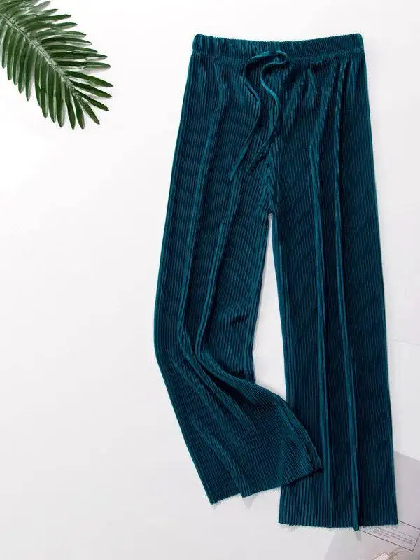 الربيع الصيف رقيقة مطوي السراويل الشيفون مستقيم الساق عارضة السراويل غير المتكافئة الشارع Sle l الخصر مطاطا بوليست... #3