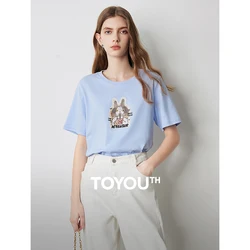 TOYOUTH Women Pure Cotton T-shirt 2024 Summer New Age Reducing Printed Top