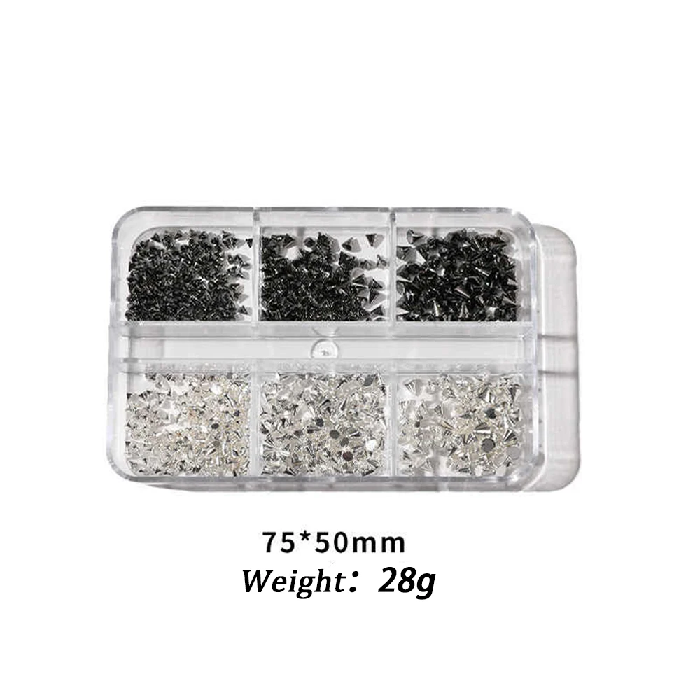 6Grids 3D Mini Punk Metal Nail Studs 1/2/3mm Mix Size Silver Black Nail Art Charms Alloy Rivets Stick Cone DIY Crafts Decoration