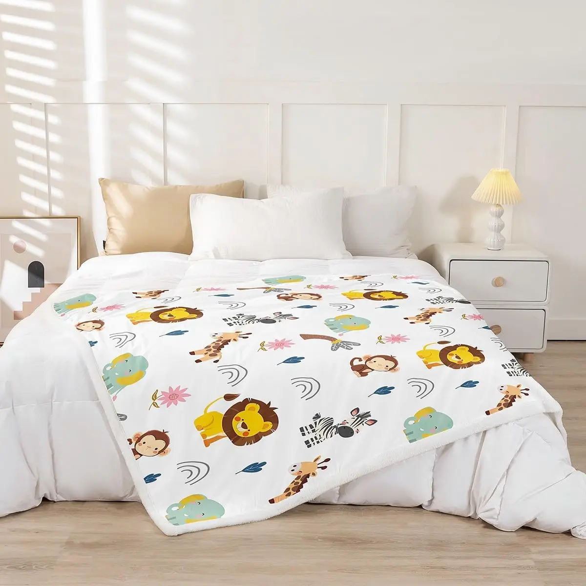 Cartoon Animal Blanket Lion Fleece Blanket,Giraffe Elephant Throw Blanket,Monkey Zebra Bed Blanket Rainbow Floral Sketch Cute