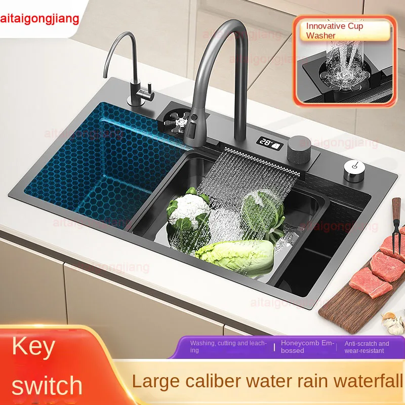 new Waterfall Kitchen Sink Set 304 Stainless Steel Nano Sink Home Sink Vegetable Wash Basin Large Single Slot Digital Display