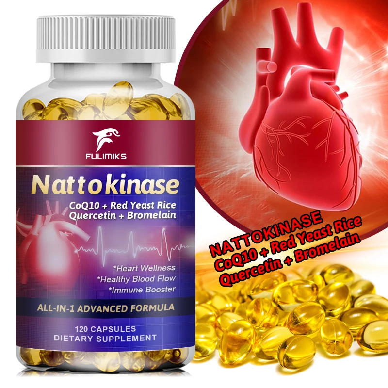 Nattokinase Capsules 10,100MG with CoQ10 + Red Yeast Rice Quercetin + Bromelain -Immune Booster