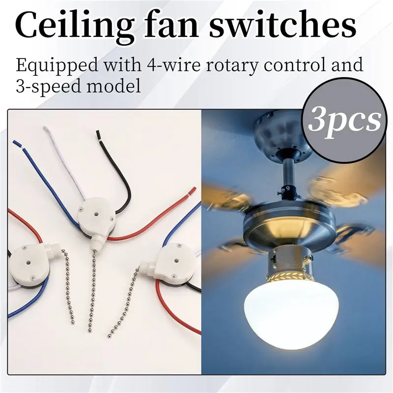 3 Pcs Ze-208S E89885 3 Speed 4 Wire Pull Chain Switch Ceiling Fan Light Switch Replacement Part-B51B