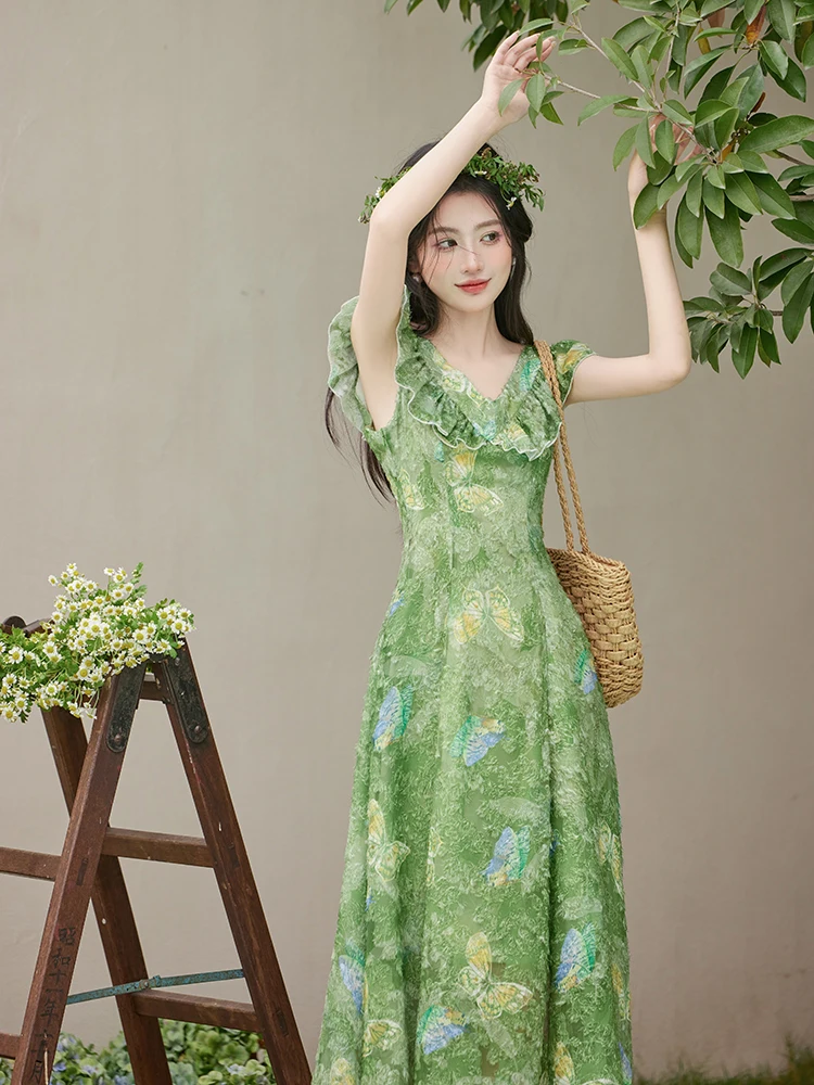 Summer Romantic Lady Fairycore Dress Vintage French Style Green Print Butterfly Flying Sleeve Mori Girl Dresses Vestido Festa