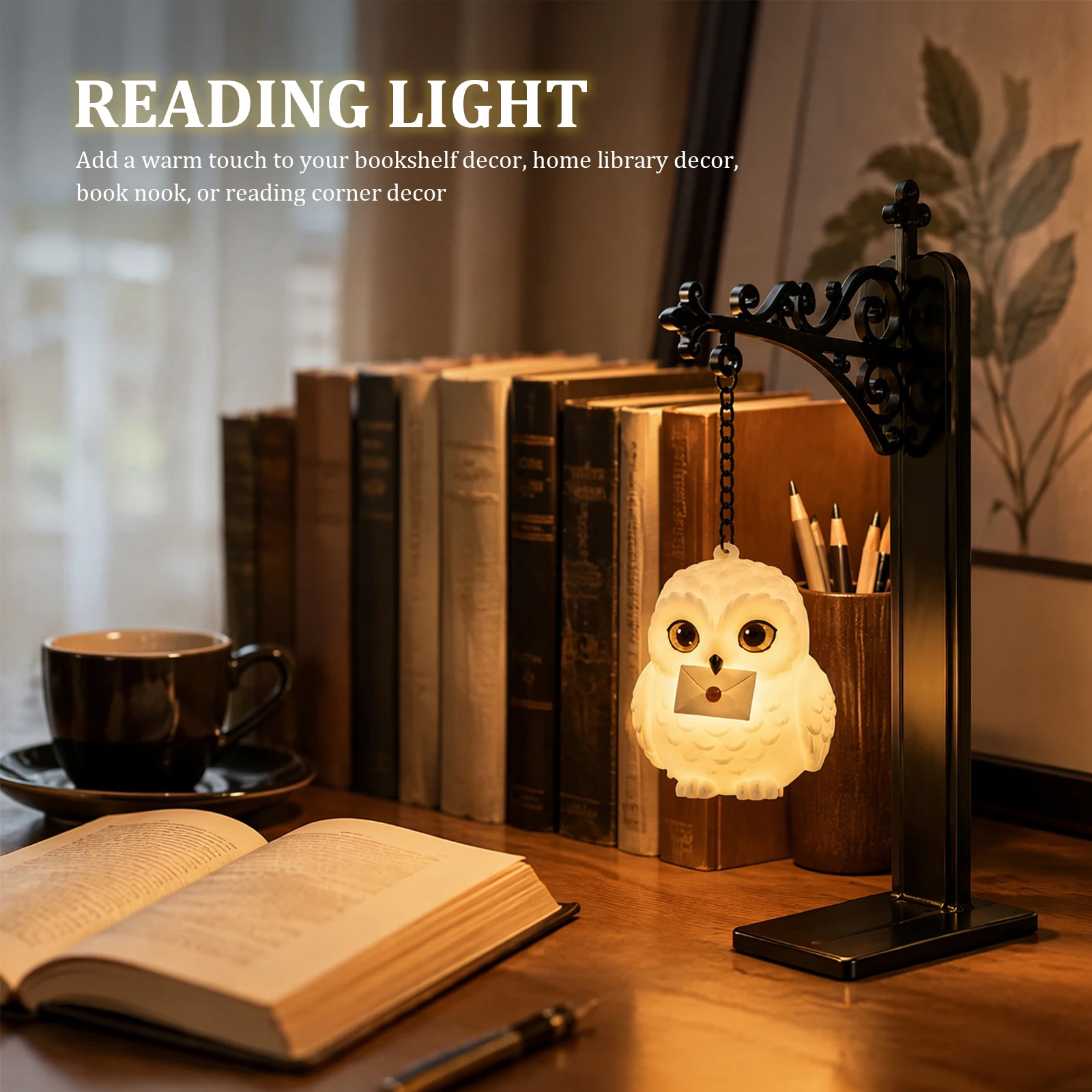 Magic Owl Bookend Shelf Lamp Iron Metal Book Organizer Vintage Decor Glowing Figurine for Home Library Reading Room Office