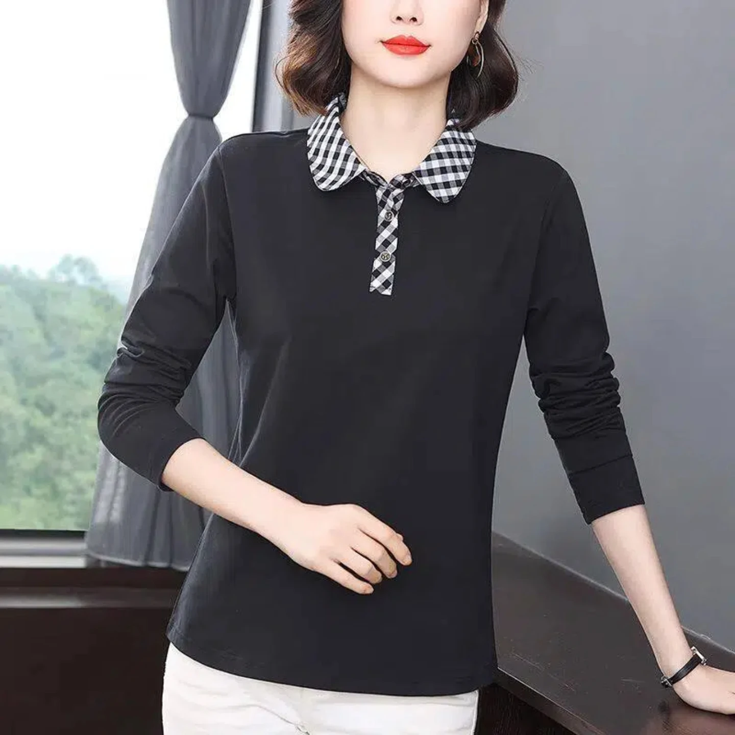 High-End Pure Cotton Long Sleeve  Shirt Women's Base Layer Shirt Autumn Spring Turn-down Collar Comfortable Breathable T-...