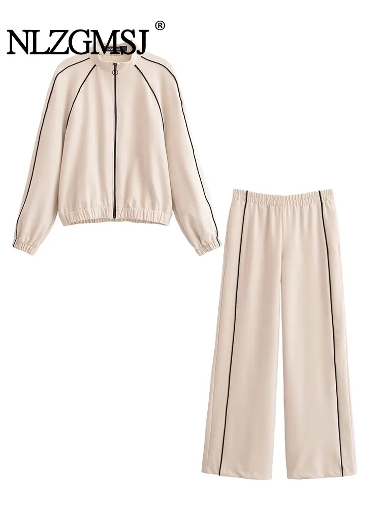 

Весна-лето 202, женский шикарный повседневный костюм с круглым вырезом на молнии и длинными рукавами, свободные брюки, модные комплекты из двух предметов