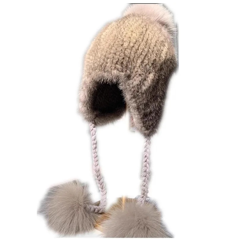 

Genuine Mink Fur hats Knitted Women's Russian Cap with Earflap Winter Bomber Hat