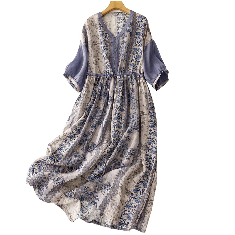

Vintage Floral Print A-Line Dress Women Summer Ramie Midi Dresses Loose Casual Half Sleeve Elastic Waist Vestidos